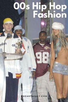 a group of people standing around each other in front of a podium with the words 00's hip hop fashion on it