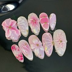 Press On Nails Easter, Pink Colorful Nails, Pretty Pink Pressons With Decals, Handpainted Press On Nails, Small Press On Nails, Gel X Flower Nails, Nails Flowers Designs, Pink Nails With 3d Flowers, Cute 3d Nails