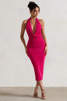 Raleigh Hot Pink Cowl-Neck Midi Dress – Club L London - USA Pink Fitted Halter Dress For Evening, Pink V-neck Halter Dress For Night Out, Pink Backless Halter Dress For Formal Events, Pink V-neck Halter Dress For Date Night, Pink Elegant Halter Dress For Party, Elegant Pink Halter Dress For Party, Pink Halter Dress For Evening, Glamorous Fitted Cowl Neck Dresses, Pink Backless Bodycon Dress For Evening