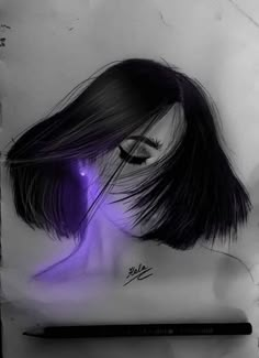 a drawing of a woman's face with purple light on her eyes and hair