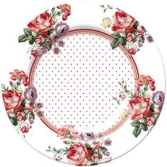 a white plate with red and pink flowers on it, surrounded by polka dot circles