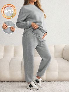 Maternity 2pcs Set - Long Sleeve Solid Color Sweatshirt & Drawstring Waist Stretchy Leggings, Autumn/Winter Grey Casual,Modest  Long Sleeve Knitted Fabric Plain  Slight Stretch  Maternity Clothing, size features are:Bust: ,Length: ,Sleeve Length: Maternity Two Piece, Maternity Lounge Wear, Shein Maternity, Nursing Pajamas, Color Sweatshirt, Maternity Sleepwear, Winter Maternity, Casual Maternity, Dropped Shoulder Sweatshirt