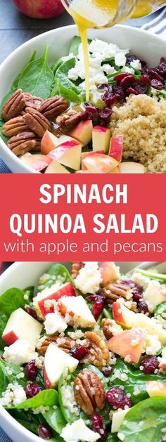 spinach quinoa salad with apples and pecans in a white bowl on a blue table