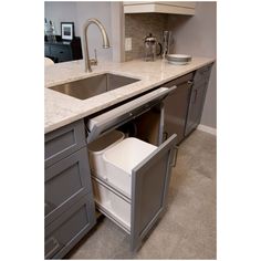 a kitchen sink with an open cabinet in the middle and a pull out trash can underneath