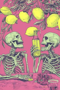 two skeletons sitting at a table with lemons