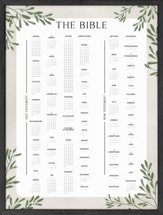 the bible printable calendar with green leaves on white paper and black frame, in front of