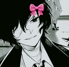 an anime character wearing a pink bow tie