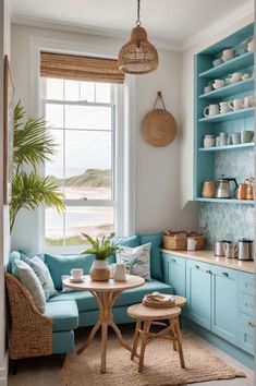 a living room filled with furniture next to a window and a potted plant on top of a table