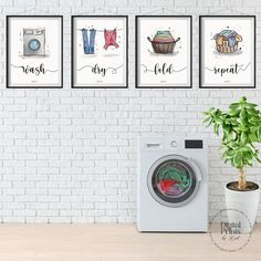 a washer and dryer sitting next to each other in front of a brick wall