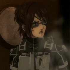 an anime character with black hair and glasses standing in front of a round mirror, looking at the camera