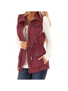 PiePieBuy Wome's Casual Military Utility Vest Lightweight Sleeveless Drawstring Jackets With Pockets Burgundy Casual    Plain Tank   Women Clothing, size features are:Bust: ,Length: ,Sleeve Length: Casual Denim Shorts, Drawstring Jacket, Utility Vest, Tank Top Cami, Casual Denim, Shorts With Pockets, Maternity Bag, All Fashion, Women Clothes Sale