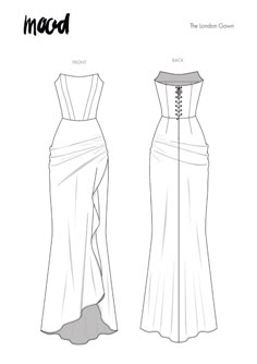 the front and back view of an evening gown, which is cut out into two sections