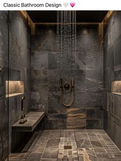 Dark Tile Walk In Shower Ideas, Two Shower Heads Walk In, Luxury Shower With Bench, Luxurious Shower Room, Sit In Shower Walk In, Sit In Shower, Shower Room Lighting Ideas, Bathroom With Two Showers, Wall To Wall Shower Ideas