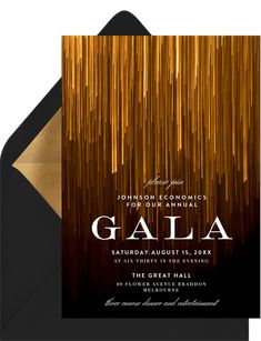 an elegant black and gold celebration card with the word gala on it's front