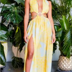 Super Sexy Cut Out Maxi Dress! This Light Weight And Airy Dress With The Sassy Halter Design Is The Perfect Vacation, Date Night, Wine Festival Look! No Tags And Never Worn Summer Fitted Maxi Dress With Cutout, Fitted Summer Maxi Dress With Cutout, Summer Maxi Dress With Cutout And Fitted Style, Summer Maxi Dress With Cutout And Fitted Design, Fitted Yellow Maxi Dress For Date Night, Fitted Cutout Maxi Dress For Beach, Fitted Maxi Dress With Cutout For Beach, Yellow Cutout Dress For Summer, Flirty Backless Maxi Dress For Vacation