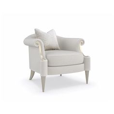 a white chair with a pillow on it's back and arm rests against a white background