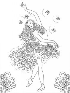 a coloring page with a girl in a dress and flowers on the side, surrounded by butterflies