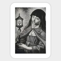 a black and white drawing of a nun holding a lantern in her hands with the sun shining behind her