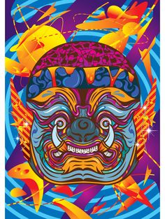 a colorful poster with an animal's face on it