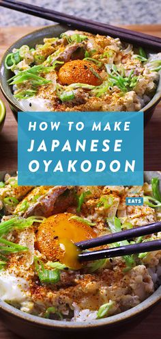 how to make japanese oyakodon with chopsticks on the side and text overlay