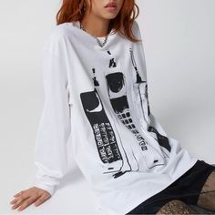 Uo Retro Landline Graphic Oversized Tee Size S/M Brand New, With Tag! Oversized Fit 100% Cotton Long Sleeve Retro Phone Graphics Very Cute! Approx. Measurements Armpit To Armpit - 23.5” Length - 29.5” Offers Welcome Bundle To Save Follow My Instagram @Withlovewanderingjackie Trendy White Drop Shoulder Top, White Oversized Tops With Letter Print, Urban Outfitters White T-shirt For Streetwear, Oversized White Grunge Top, White Grunge Tops For Fall, White Grunge Top For Fall, White T-shirt With Screen Print By Urban Outfitters, Urban Outfitters White T-shirt With Graphic Print, Oversized White Tops With Screen Print