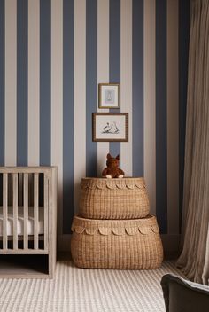 Samantha Varvel Nursery, Modern Style Nursery, Sons Room Ideas, Stassi Schroeder Nursery, Striped Nursery Wallpaper, Blue Stripe Wall, Striped Boys Room, Blue Stripe Nursery, Pastel Color Nursery