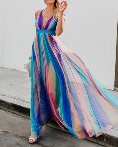 Buy More! Save More! Flare Long Dress, Long Skirt Pattern, Pop Princess, Chiffon Long Dress, Womens Long Dresses, Rainbow Dress, Sling Dress, Maternity Shoot, Striped Maxi