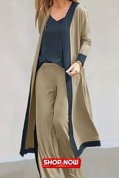 Revitalize your wardrobe with this chic three-piece set featuring color-blocked perfection. The open-front, long-sleeve cardigan adds a touch of elegance, complementing the V-neck top effortlessly. Paired with wide-leg pants, this ensemble is a stylish fusion of comfort and trend, ideal for any casual occasion. Wide Leg Pants Outfits, Kaftan Abaya, Leg Pants Outfit, Pants Outfits, Sleeve Cardigan, Three Piece, Long Sleeve Cardigan, Pants Outfit, V Neck Tops