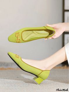 Olivia Mark - Premium Breathable Mesh Fabric Arch Support Insole Block Heel Shallow Pumps featuring Exquisite Embroidery Green Closed Toe Synthetic Flats, Green Synthetic Flats, Fabric Arch, Embroidery Theme, Shoes Heels Pumps, Shoe Size Chart, Embroidered Design, Olivia Mark, Arch Support