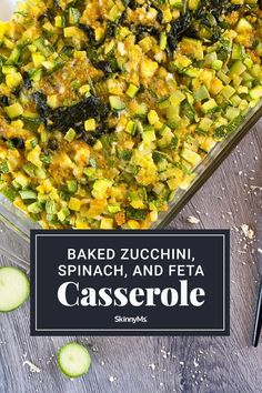 baked zucchini, spinach and feta casserole in a glass dish