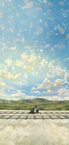 two people are riding on a motorcycle in the middle of a large open field under a blue sky with white clouds