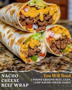 three burritos stacked on top of each other with cheese and meat in them