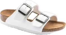 Casual White Sandals With Buckle Closure, White Adjustable Casual Footbed Sandals, Casual White Slides With Buckle Closure, White Slides With Buckle Closure, Trendy White Footbed Sandals With Buckle Closure, White Round Toe Casual Footbed Sandals, White Casual Footbed Sandals With Round Toe, Casual White Footbed Sandals With Round Toe, Trendy White Synthetic Footbed Sandals