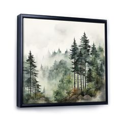 a watercolor painting of trees in the foggy forest on a white background framed canvas wall art print