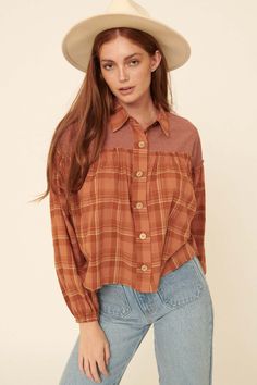 Plaid peasant top. Contrasting gingham yoke. Collared neckline. Button-front closure with wood buttons. Long bubble sleeves with elastic cuffs. Drop shoulder. Ruffle trim. Raw-edge hem. Loose fit. 100% Cotton. Imported. Designed in LA. Model wears size S. Wood Buttons, Peasant Top, Peasant Tops, Raw Edge, Ruffle Trim, Drop Shoulder, Women's Plaid Shirt, Gingham, Loose Fitting