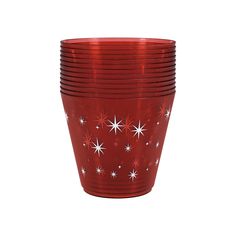 a stack of red cups with white snowflakes on the side and stars in the middle