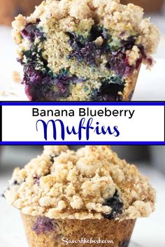 banana blueberry muffins are stacked on top of each other with crumbs