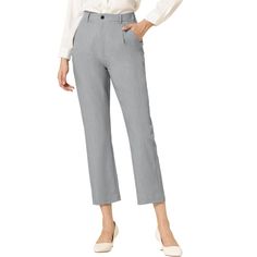 These pants can build smart and casual looks. Team these trousers with a blouse and court shoes for an effortless ensemble to transition from day to evening. Cut with a contemporary high waist and a straight leg, these trousers offer a sleek silhouette, ideal for dressing up or down. Paired with anything from a statement t-shirt to a silk blouse for a versatile workwear look. This fashionable and trendy clothes for women can not only be worn daily, but can also be easily matched as a Christmas c Spring Workwear Tapered Leg Dress Pants, Office Dress Pants With Pockets, Spring Workwear Dress Pants With Tapered Leg, Spring Tapered Leg Dress Pants For Workwear, Spring Office Chic Bottoms, Office Chic Bottoms For Spring Workwear, Spring High-waisted Dress Pants For Work, Office Dress Pants, Ankle-length, Non-stretch Ankle-length Dress Pants For Office