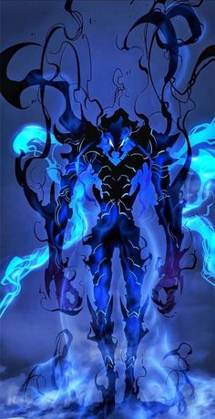 an animated image of a demon with blue flames on it's body and arms