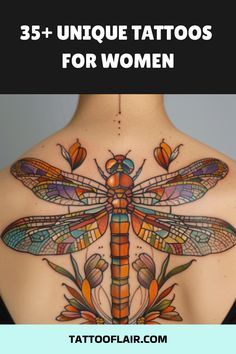 the back of a woman's chest with dragonflies on it, and text that reads