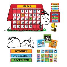 a calendar with snoop and charlie the dog on it, surrounded by other stickers