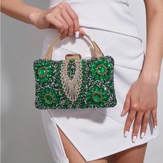 Brand New - Luxury - Sliver - Special Occasion - Rhinestones Item Takes 4-7 Business Days To Ship Green Rhinestone Clutch Evening Bag, Glamorous Green Bags With Rhinestones, Green Rhinestone Party Bag, Green Embellished Bag For Events, Embellished Green Clutch, Green Embellished Rectangular Evening Bag, Green Luxury, Bling Bags, Embellished Clutch