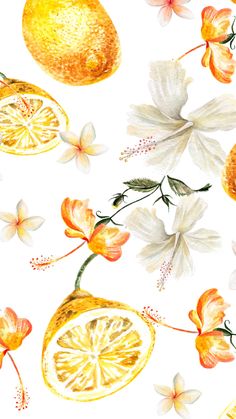 watercolor painting of lemons and flowers on white background