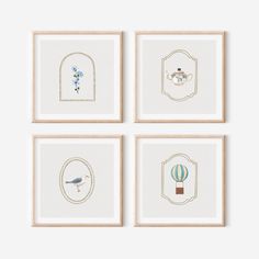 four framed artwork pieces with birds and balloons on white paper, each one in different frames