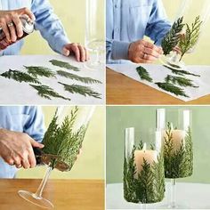 the process of making candles in vases with flowers and greenery is shown here