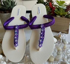 Handmade macrame flip flop Adjustable Purple Sandals For Vacation, Macrame Flip Flops, Casual Beaded Flip Flops For Vacation, Adjustable Purple Sandals For Beach, Adjustable Beaded Flip Flops For Vacation, Purple Flip Flops For Spring Beach Outings, Handmade Flip Flops For Beach In Spring, Beaded Flip Flops For Spring Beach, Adjustable Purple Flip Flops For Summer