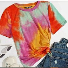 New Tie Die Tee Small Trendy Multicolor Summer T-shirt, Trendy Multicolor T-shirt For Spring, Vibrant Short Sleeve Relaxed Fit Tops, Summer Rainbow Crew Neck Top, Vibrant Multicolor Crew Neck Top, Trendy Multicolor Crew Neck Top, Trendy Multicolor Relaxed Fit Tops, Trendy Rainbow T-shirt For Spring, Vibrant Cotton Short Sleeve Top