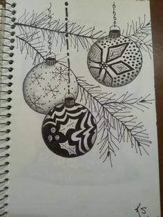 a drawing of christmas ornaments hanging from a tree