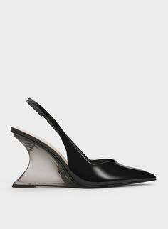 Black Patent Sculptural Slingback Wedges | CHARLES & KEITH Black Classy Heels, Classy Shirt Dress, Shoe Closets, Sculptural Heels, Chanel Wedges, Chic Desk, Wedges Heels, Designer High Heels, Faux Leather Heels