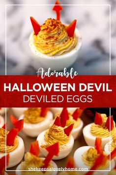 deviled eggs are topped with golden devil's horns